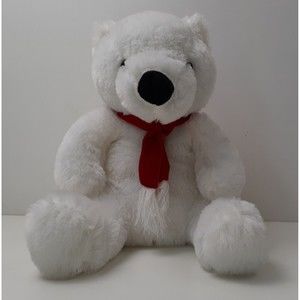 Vtg K&K Sales White w/Red Scarf, Christmas, 13" Plush Stuffed Animal Bear - Exc!